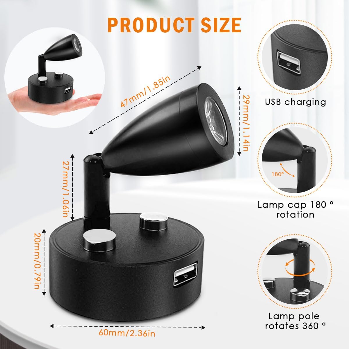 2 focos LED de 12 V a 24 V RV de tamaño pequeño, luz de lectura USB, puerto de carga USB, foco giratorio de 360, luz cálida de 3500 K regulable para