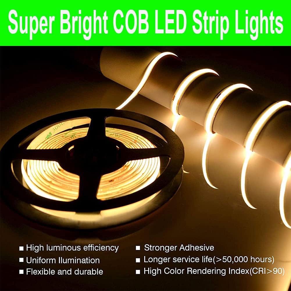 COB – Tira de luces LED COB, 16.4 pies DC12V de alta densidad, 320 LEDsM, tira de luz LED COB, 32000 lm, súper brillante, regulable, no impermeable,