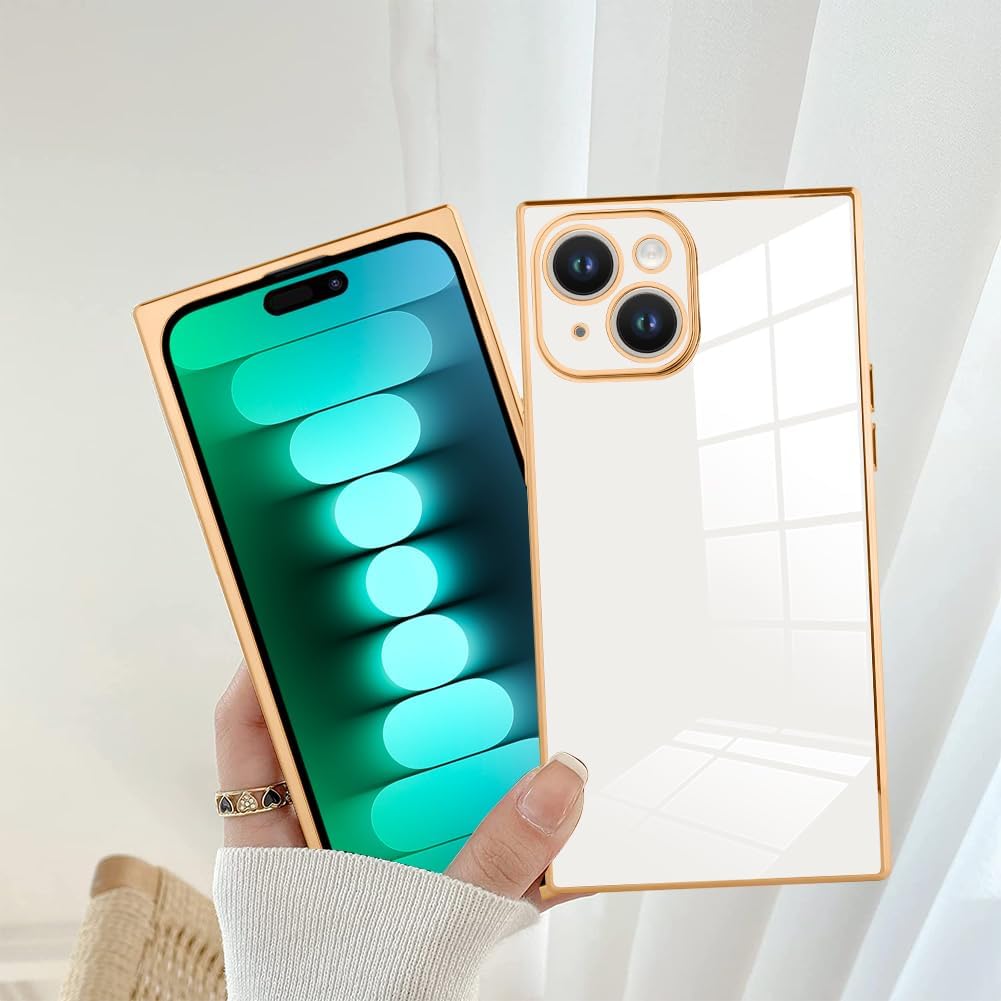 SAKUULO Funda de teléfono para iPhone 15 Plus, bonita funda cuadrada dorada chapada en oro para mujeres y niñas, TPU suave, a prueba de golpes,