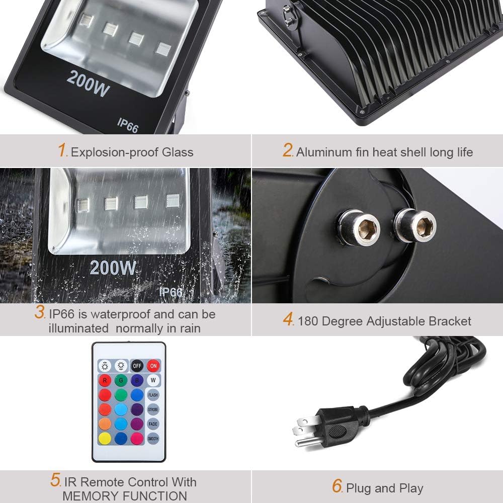 Luces de inundación LED RGB de 200 W, luz de seguridad LED que cambia de color al aire libre con control remoto IR, luces de arandela de pared