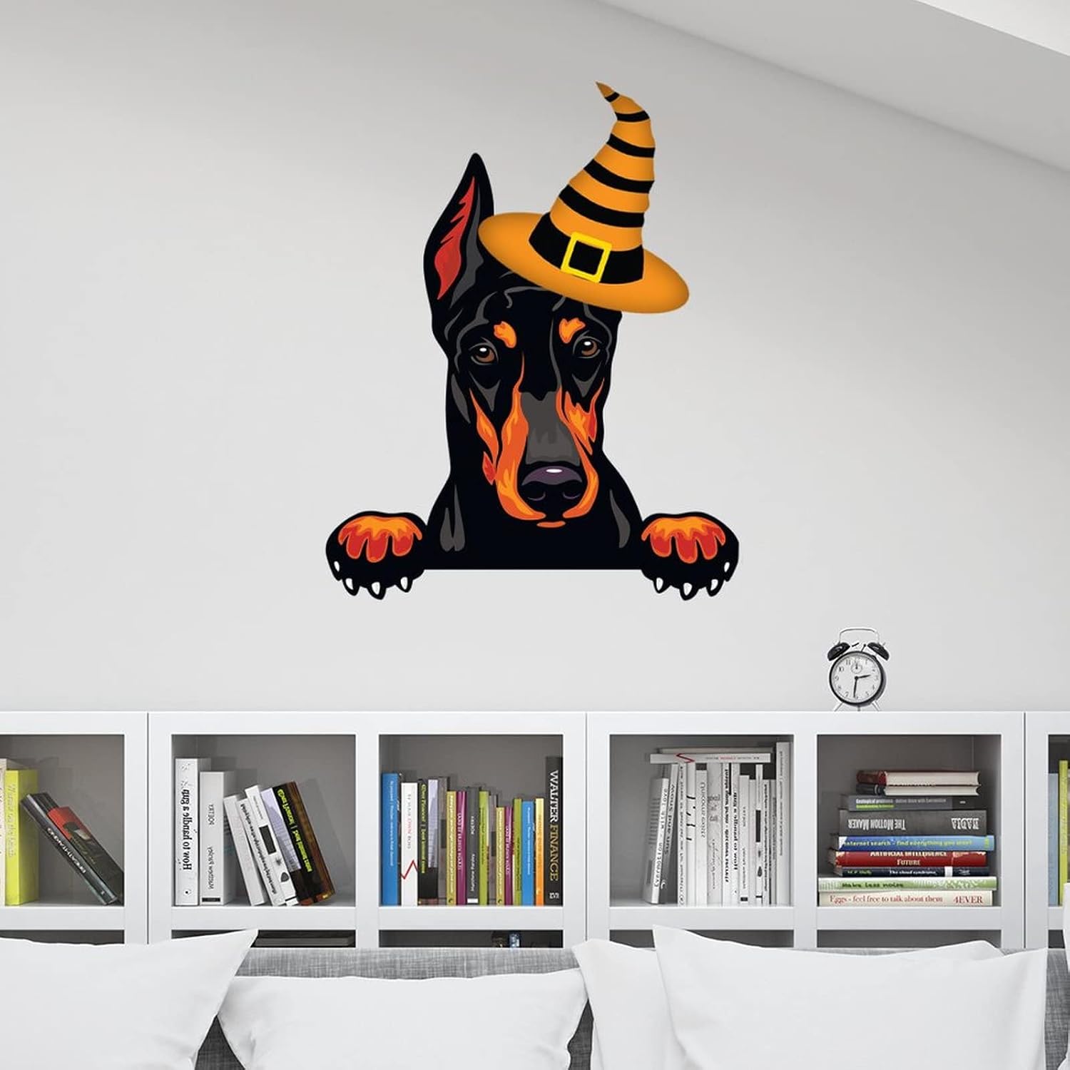 Calcomanías de Halloween con diseño de bruja Doberman, bienvenida, Halloween, decoración de pared de perro Doberman, póster extraíble de vinilo para