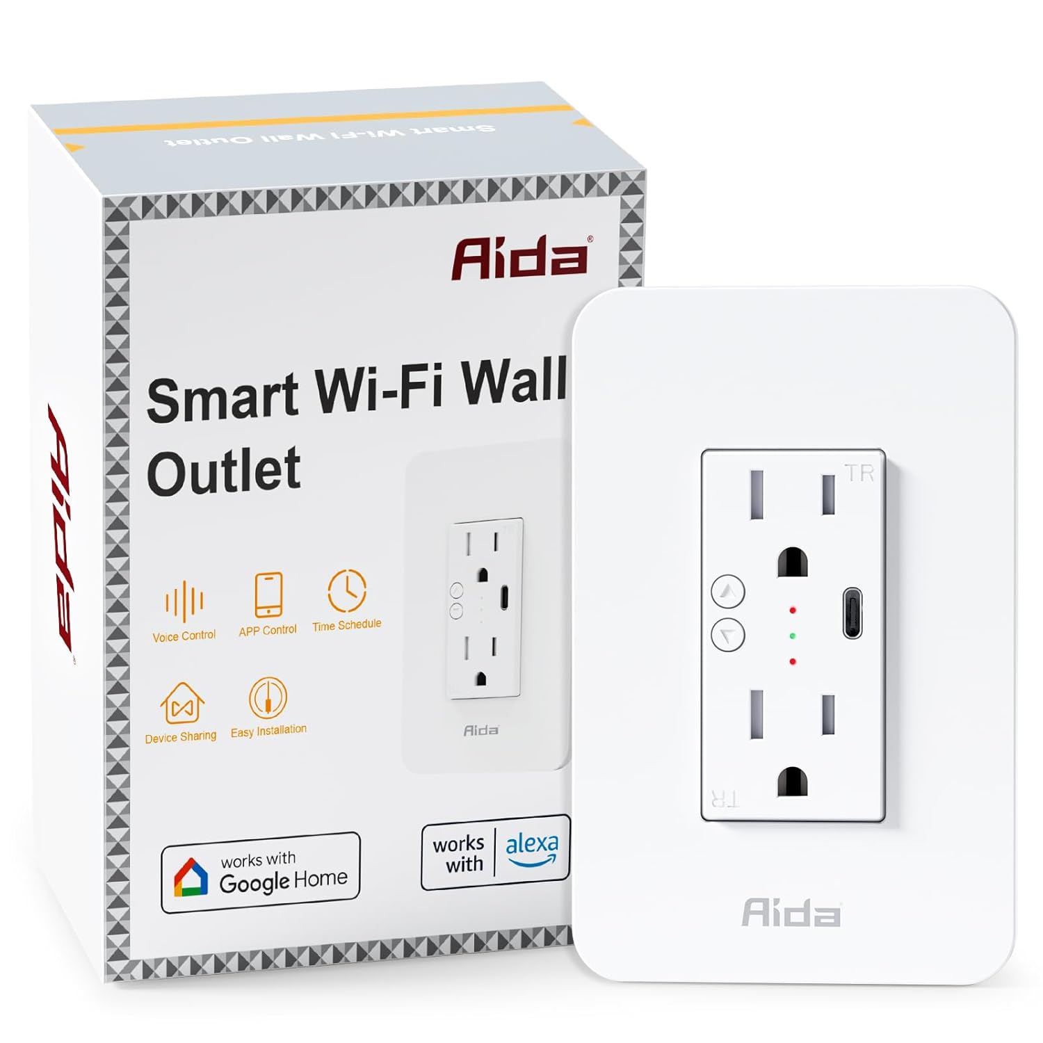 AIDA Toma de corriente inteligente Wi-Fi en pared, toma eléctrica estándar con puerto USB-C, receptáculo de 15 A, resistente a manipulaciones,