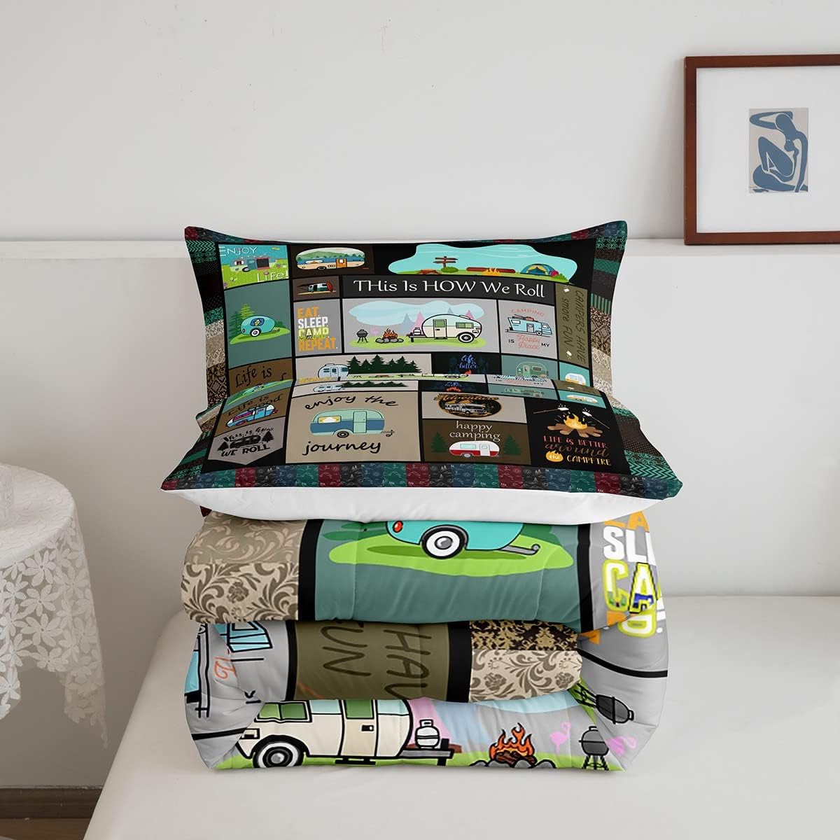 Juego de edredón con temática de cámper, juego de ropa de cama para niños, niñas, mujeres, adultos, caricaturas, coches de caricatura, juego de