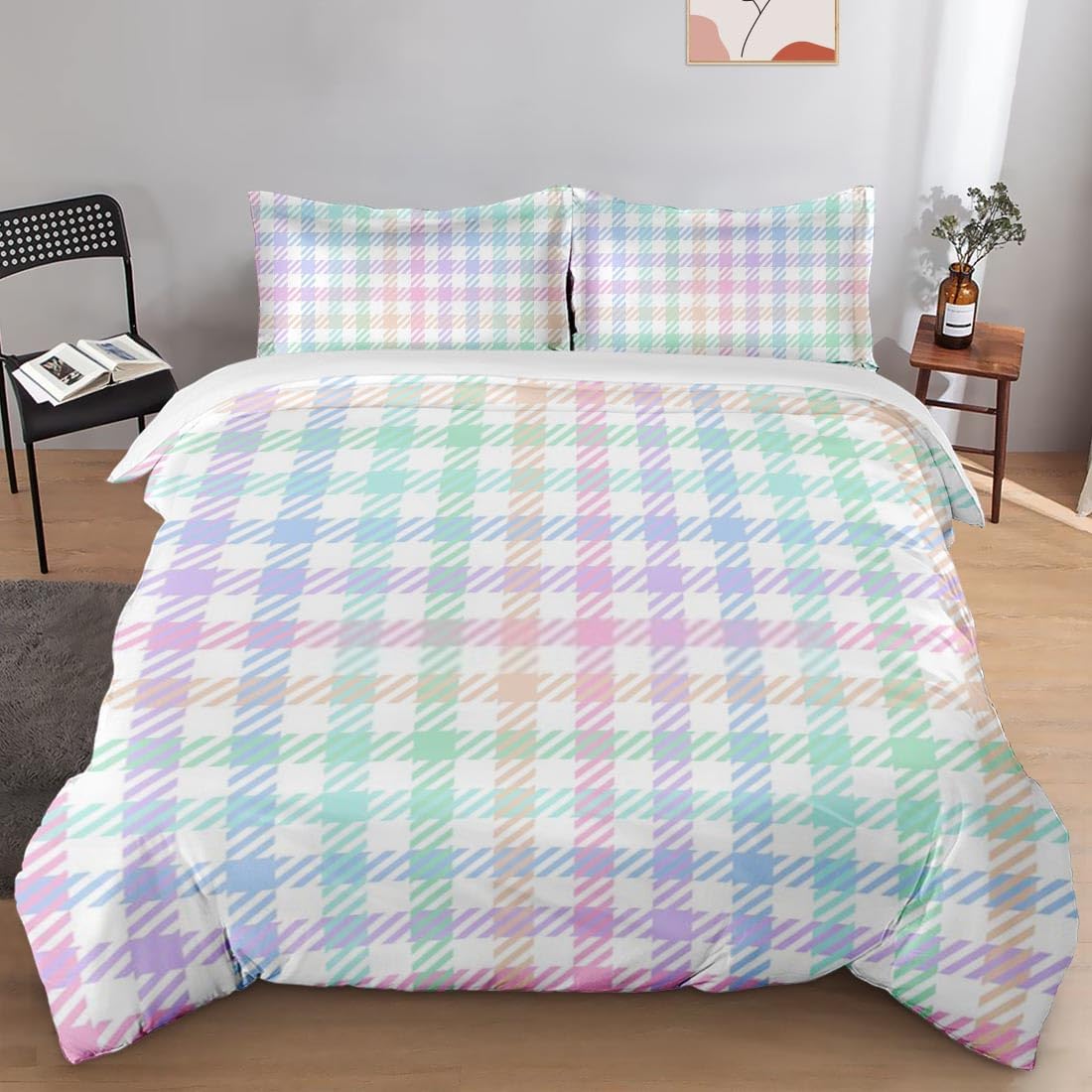 Juego de funda de edredón, juego de ropa de cama a cuadros de arcoíris dulce a cuadros para niños y adultos, decoración de dormitorio colorido de