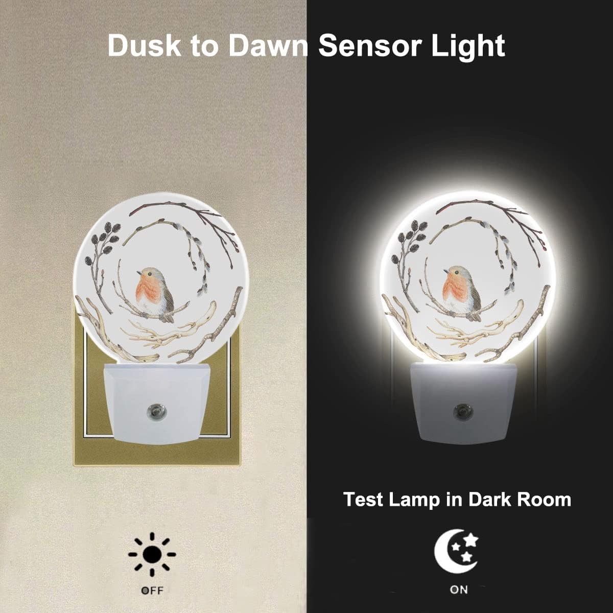 Luces nocturnas de ramas y pájaros, luces nocturnas enchufables a la pared, sensor de atardecer a amanecer, luz nocturna redonda para adultos, niños