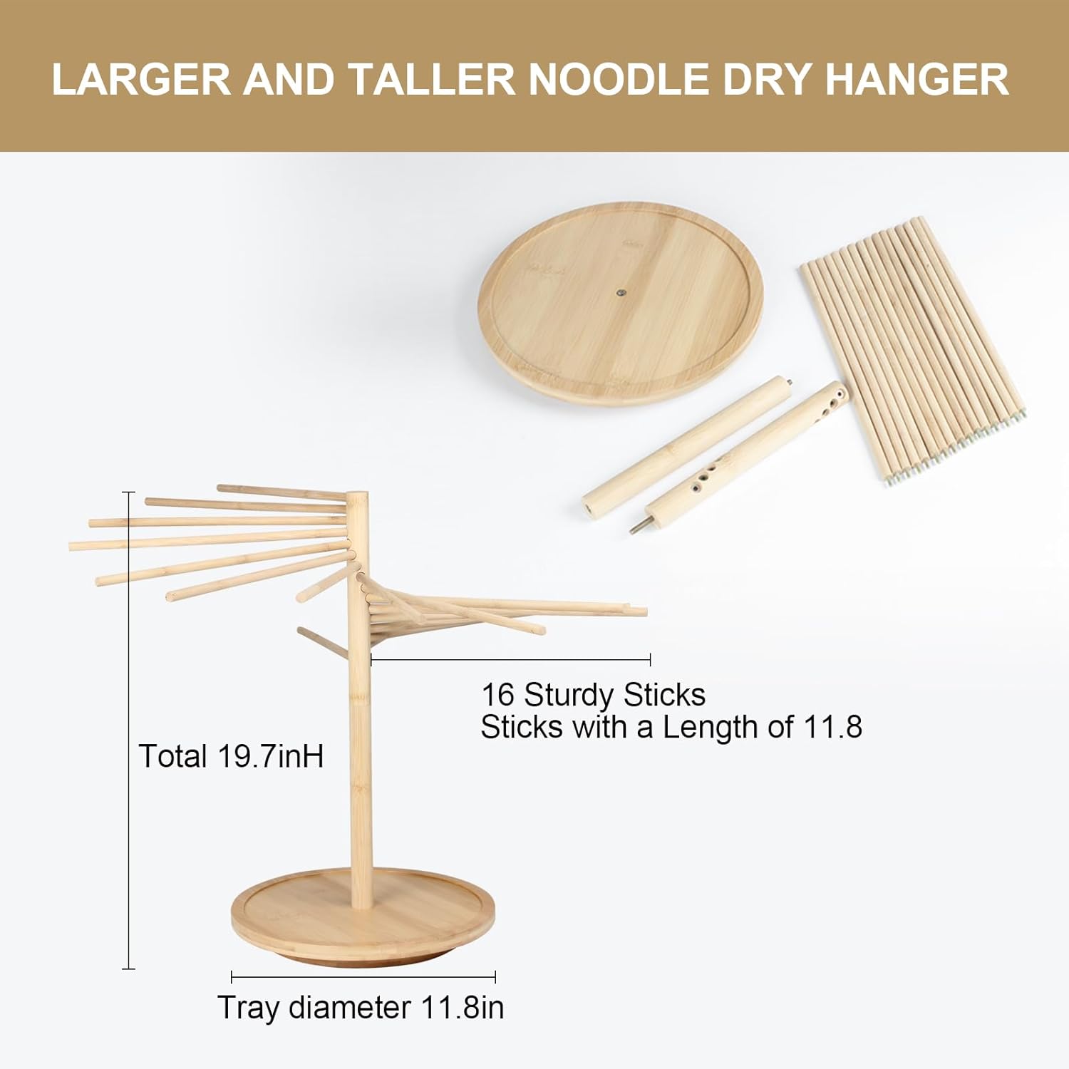 Kcgani Estante de secado plegable para pasta, estante de secado para fideos con bandeja giratoria, soporte grande de madera de bambú para secadora