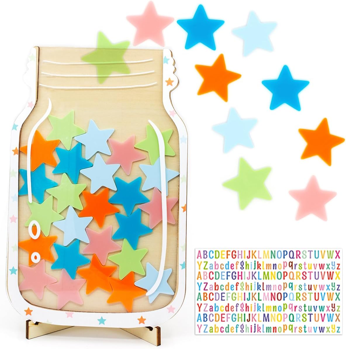 Tarro de recompensa de estrellas personalizado para niños, bricolaje, con calcomanías de letras coloridas, tarro de recompensa de entrenamiento para