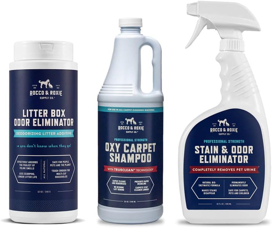 Rocco & Roxie Supply Co. Ultimate Pet Stain & Odor Eliminator for Home Bundle – Solución limpiador de alfombras Oxy – Spray enzimático de orina –