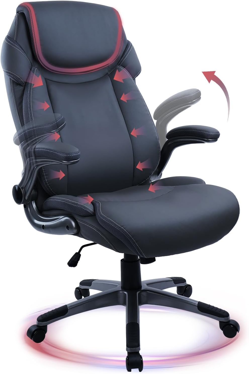 CLATINA Silla ergonómica de oficina con respaldo alto de piel sintética, brazos abatibles, reposacabezas grueso, soporte lumbar, giratorio, silla de