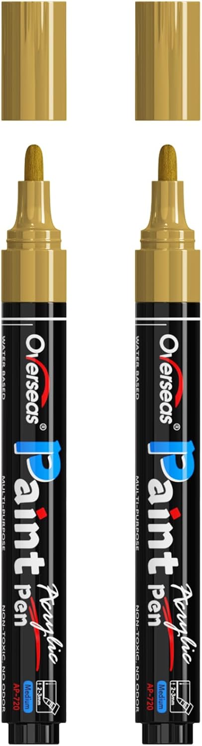 Overseas Marcadores de pintura dorados, marcadores acrílicos permanentes, paquete de 2 unidades, a base de agua, secado rápido, marcadores de