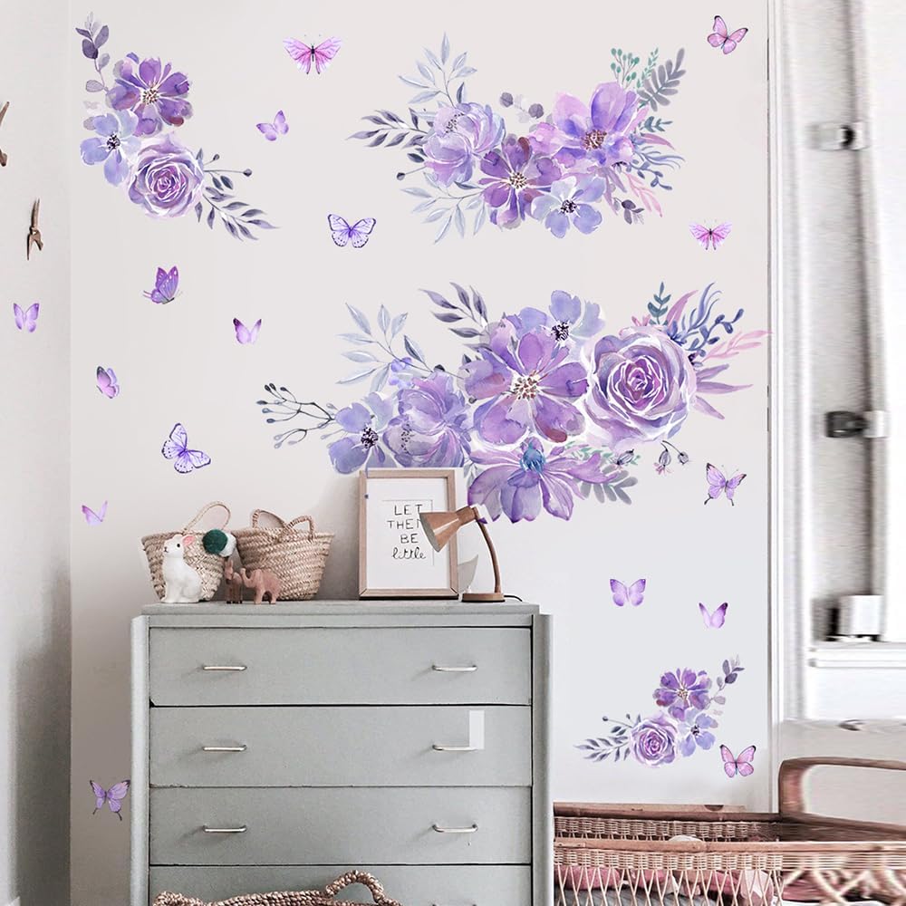Pegatinas de pared de mariposa de flores moradas, calcomanías de pared florales para dormitorio, sala de estar, cocina, TV, decoración de pared