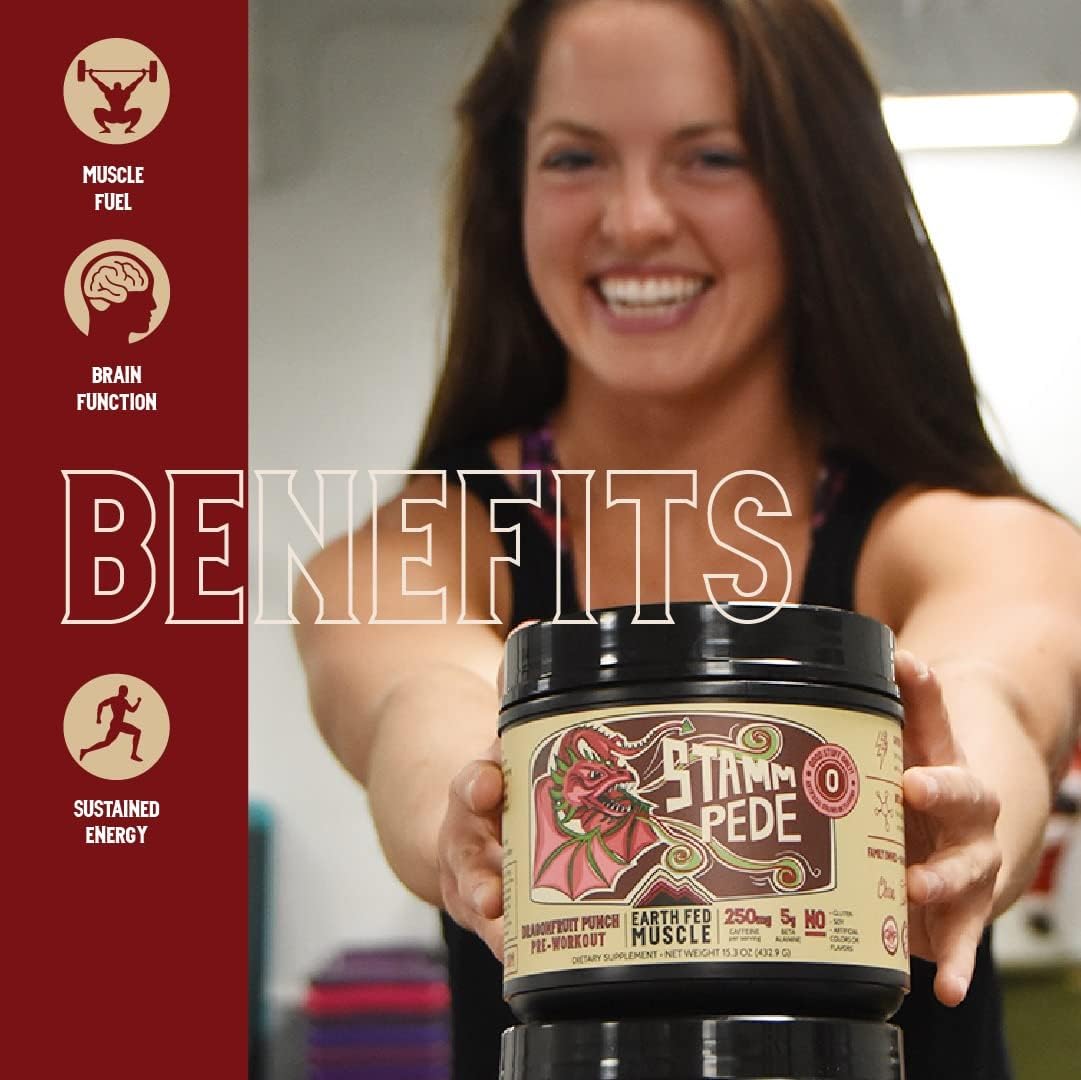 Earth Fed Muscle Stammpede DragoFruit Punch Pre entrenamiento, 30 porciones, aumenta la energía, aumenta la resistencia y el enfoque, beta-alanina,