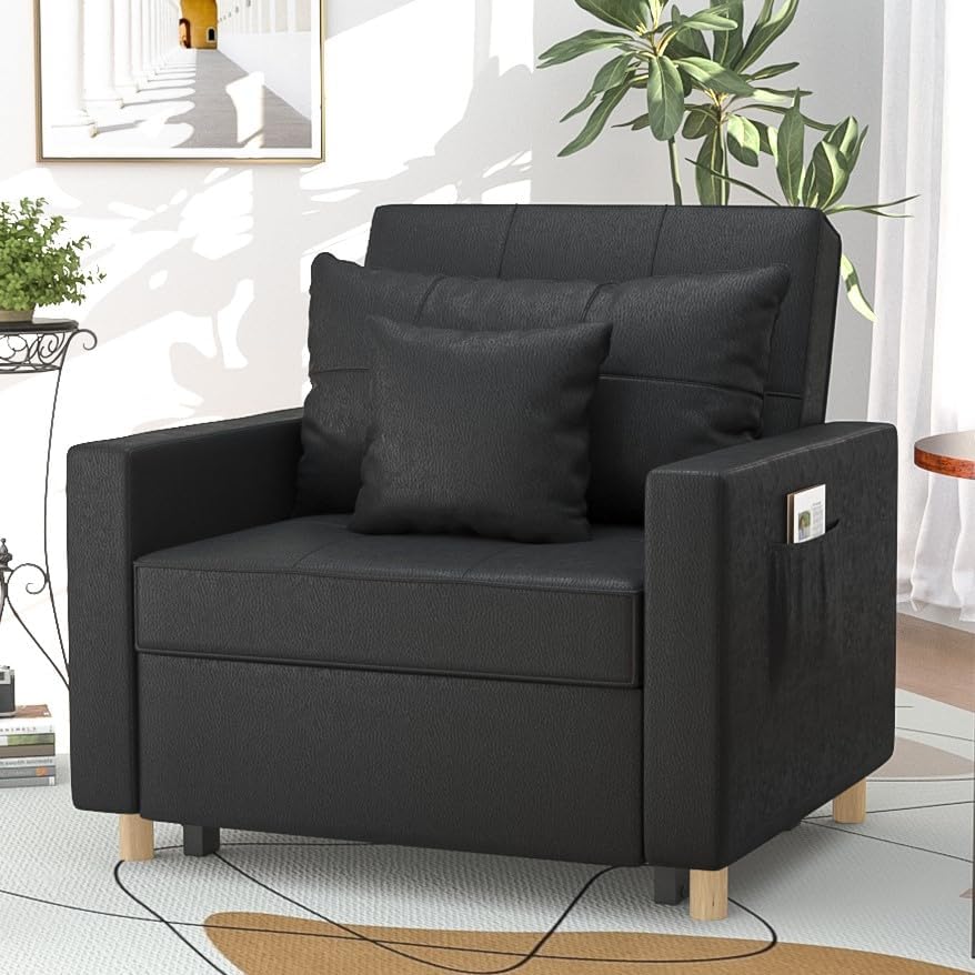 YODOLLA Sofá cama 3 en 1, silla individual con respaldo ajustable en un sofá, tumbona, cama individual, silla convertible para adultos, negro de