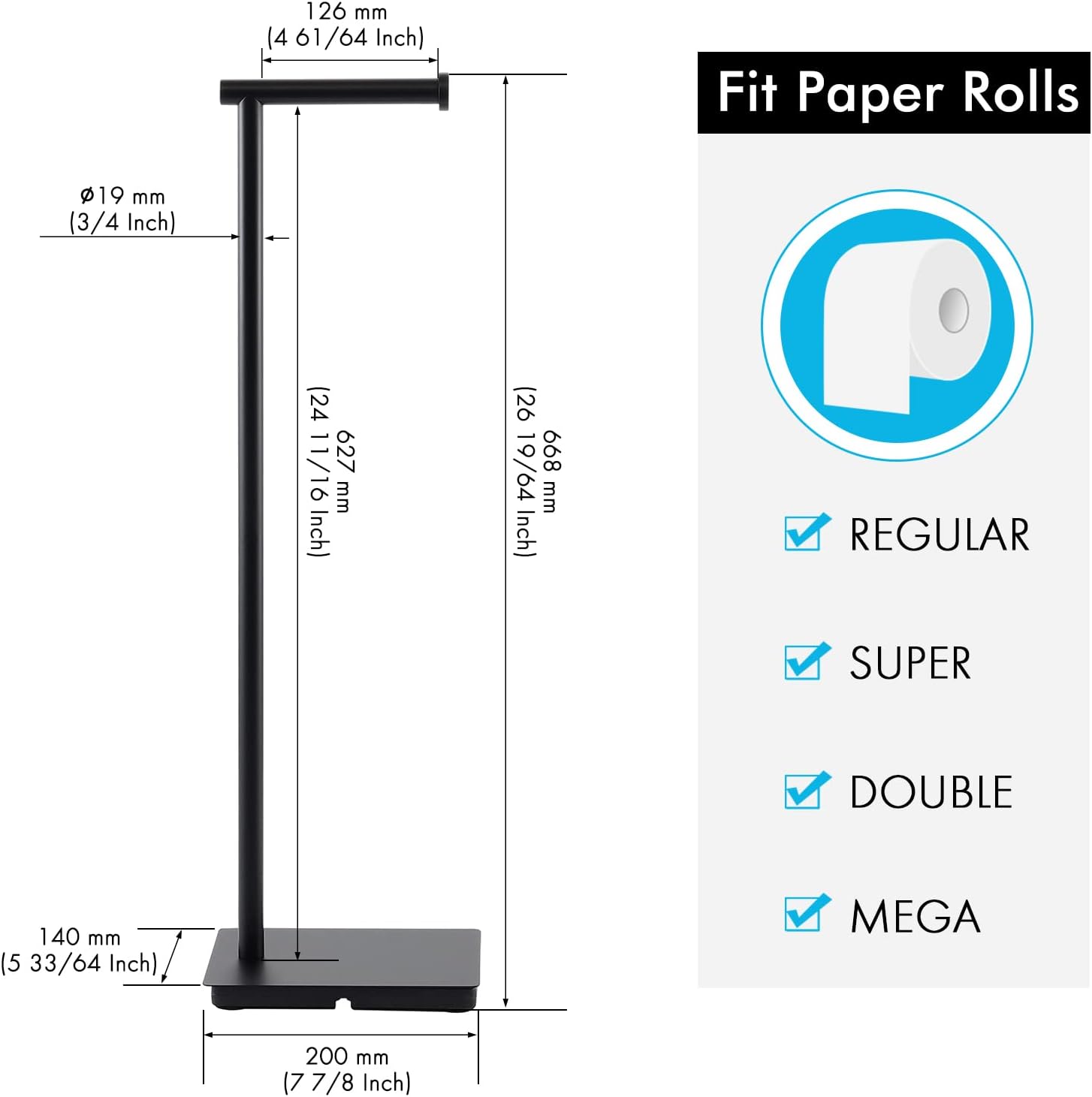 KES Soporte de papel higiénico de 26.2 pulgadas para baño, soporte de papel higiénico de pie libre SUS304 de acero inoxidable negro mate,