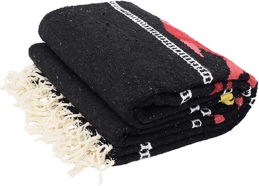 Manta de yoga mexicana gruesa de carbónnegrogris, diseño de pez serape, hecha a mano