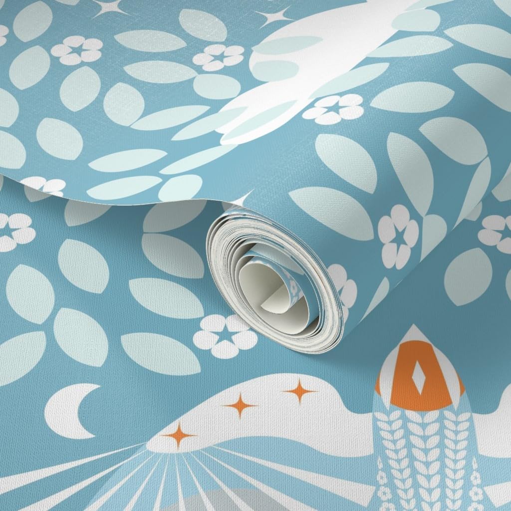 Spoonflower Papel tapiz para despegar y pegar – Blue Sky Folk Art Naranja Aqua Maximalista Magia Lucid Soñar Escandi Escandinavo Místico Grande