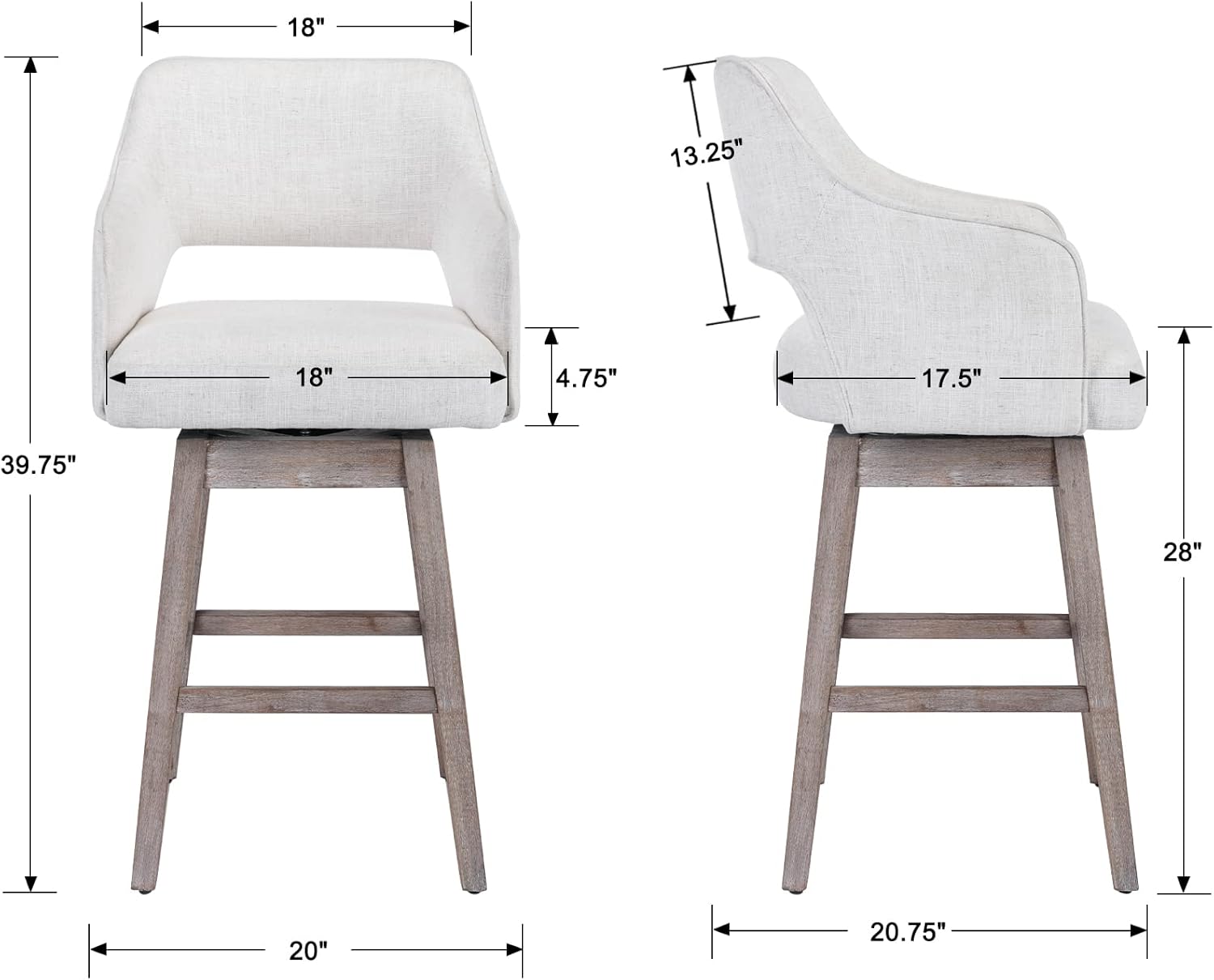 Juego de 2 taburetes de bar de 28 pulgadas de altura de mostrador, taburetes de bar giratorios de 360 con respaldo y patas de madera, sillas