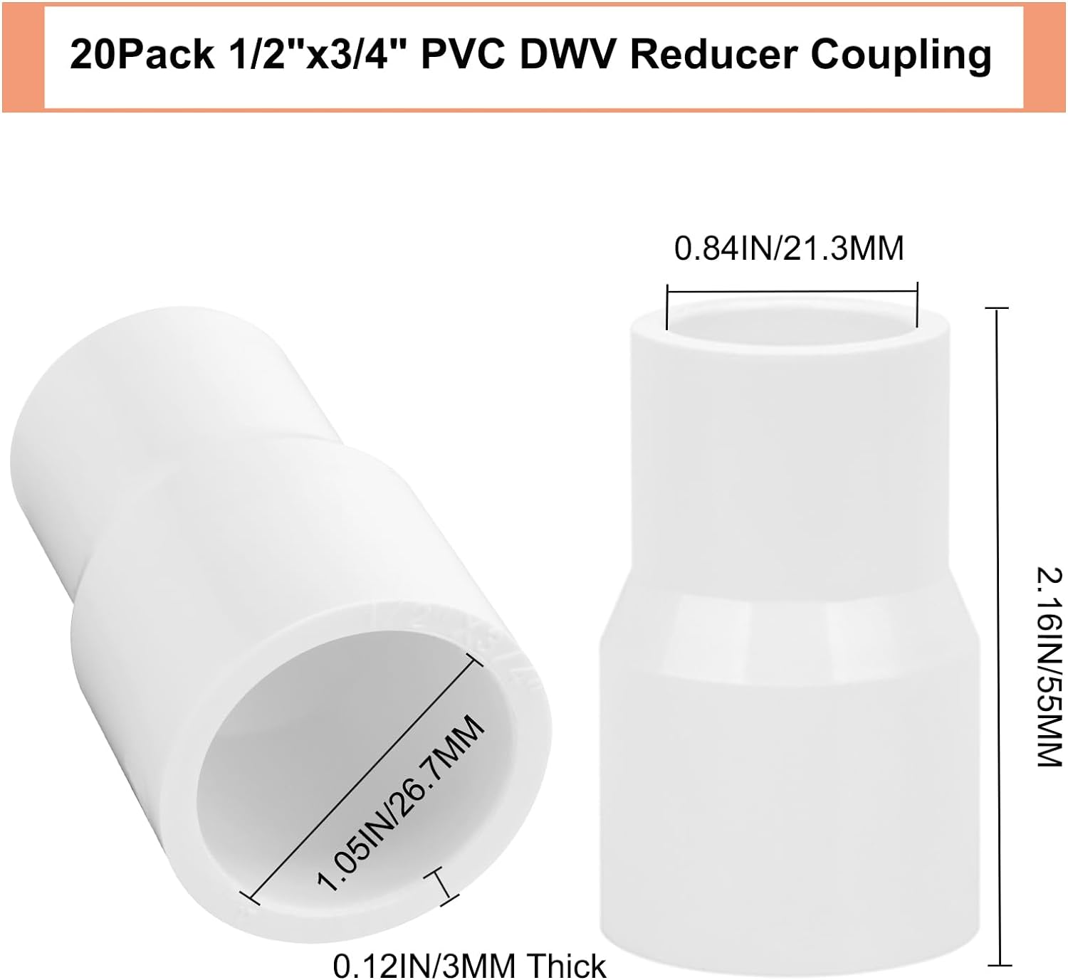 Paquete de 20 adaptadores de acoplamiento reductor de PVC DWV de 34 pulgadas x 12 pulgadas (enchufe x zócalo) Schedule 40 PVC DWV Acoplamiento