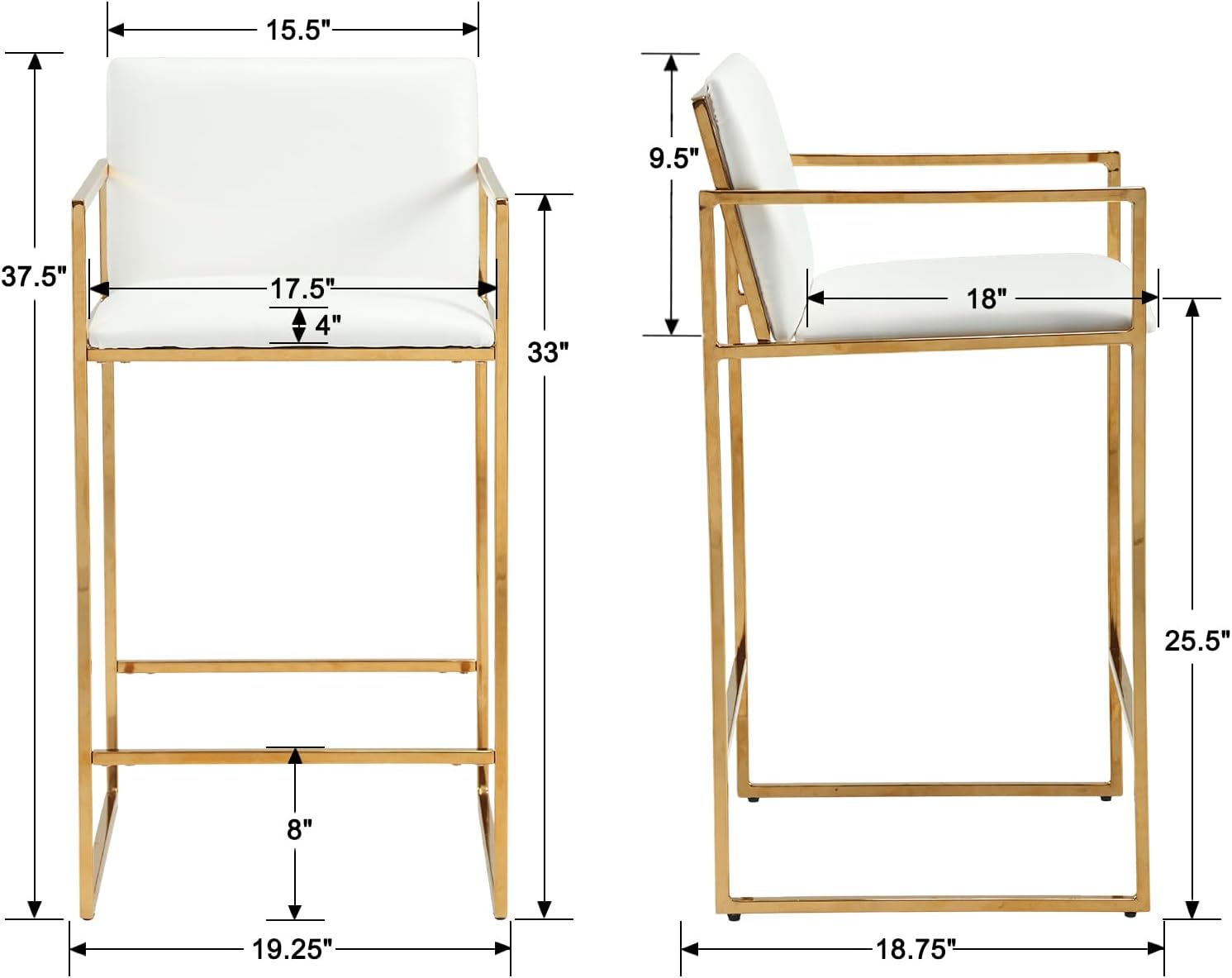 Modern Gold – Juego de 2 taburetes de bar tapizados de piel sintética de 25.5 pulgadas con respaldo y reposabrazos, sillas de mostrador para isla de