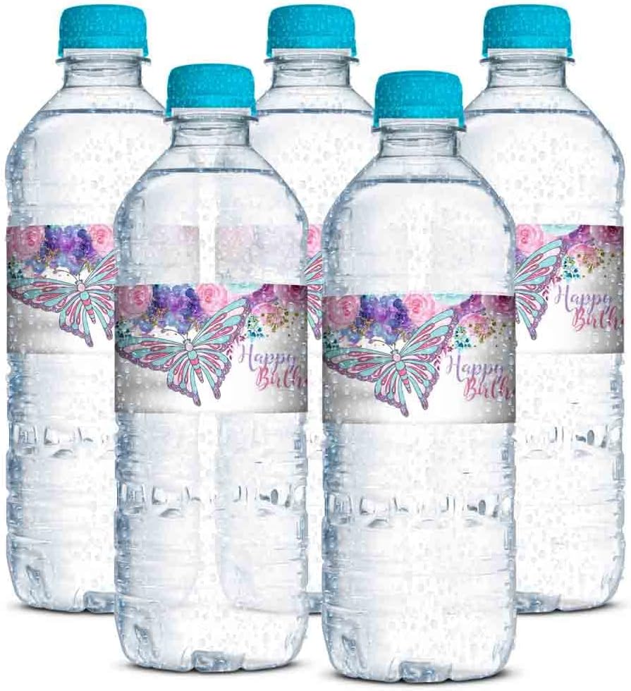AmandaCreation – Envoltura de calcomanías impermeables para botellas de agua con temática de mariposas y acuarelas florales, 20 etiquetas