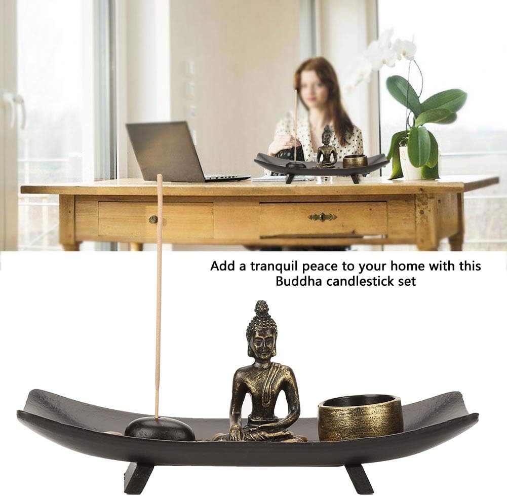 Juego de velas de Buda con Buda de resina, soporte de candelita de cristal, barra de incienso y soporte, piedras decorativas para decoración del