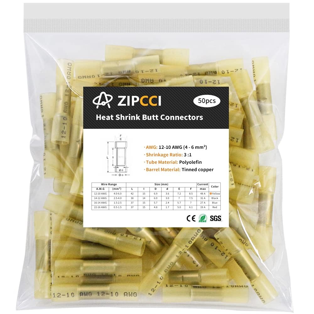 Conectores a tope termorretráctiles de 12-10 AWG, 50 unidades, amarillos, impermeables, conectores de cable eléctrico, empalme, terminales de