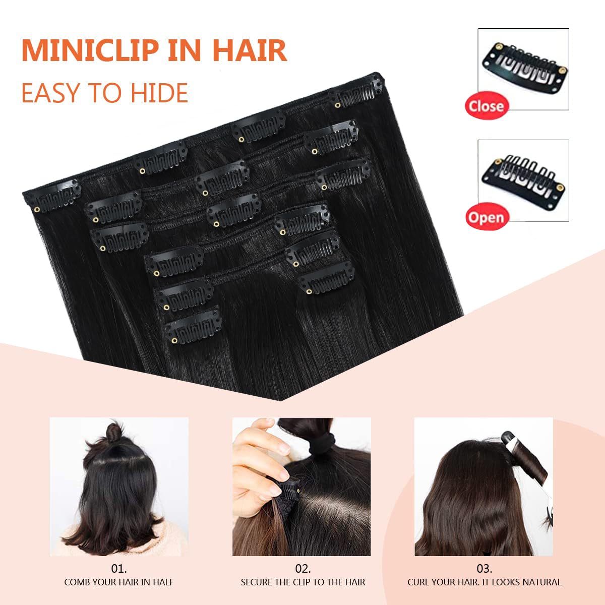 UGOTRAYS Extensiones de cabello humano real con clip, 2.47 oz, 18 pulgadas, 100% cabello humano Remy, color negro natural, lacio, doble trama para