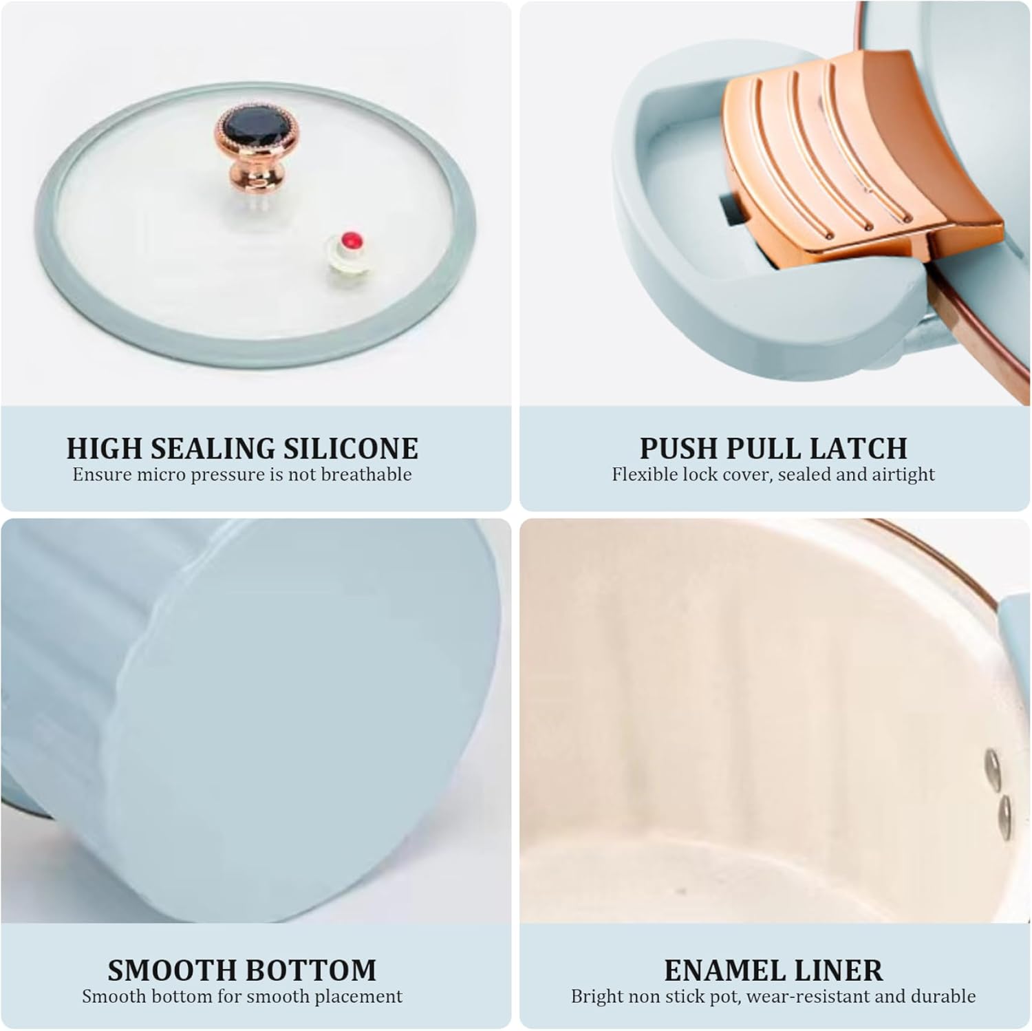 Micro olla a presión Revestimiento de esmalte antiadherente 8L Push Pull Lock Presión Pot con tapa Sello de silicona Válvula a prueba de derrames
