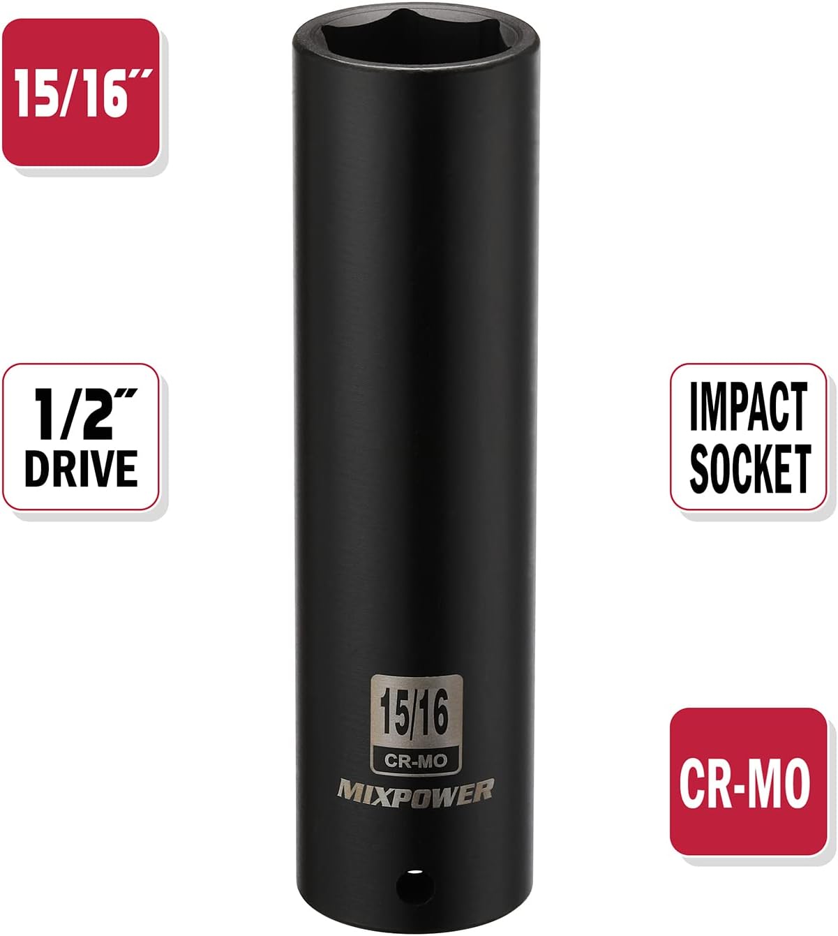 MIXPOWER 12″ Dr. x 1516 pulgadas Extra Long Deep Impact Socket, 6 puntos, acero de aleación Cr-Mo, 5 pulgadas de largo, 1516 pulgadas