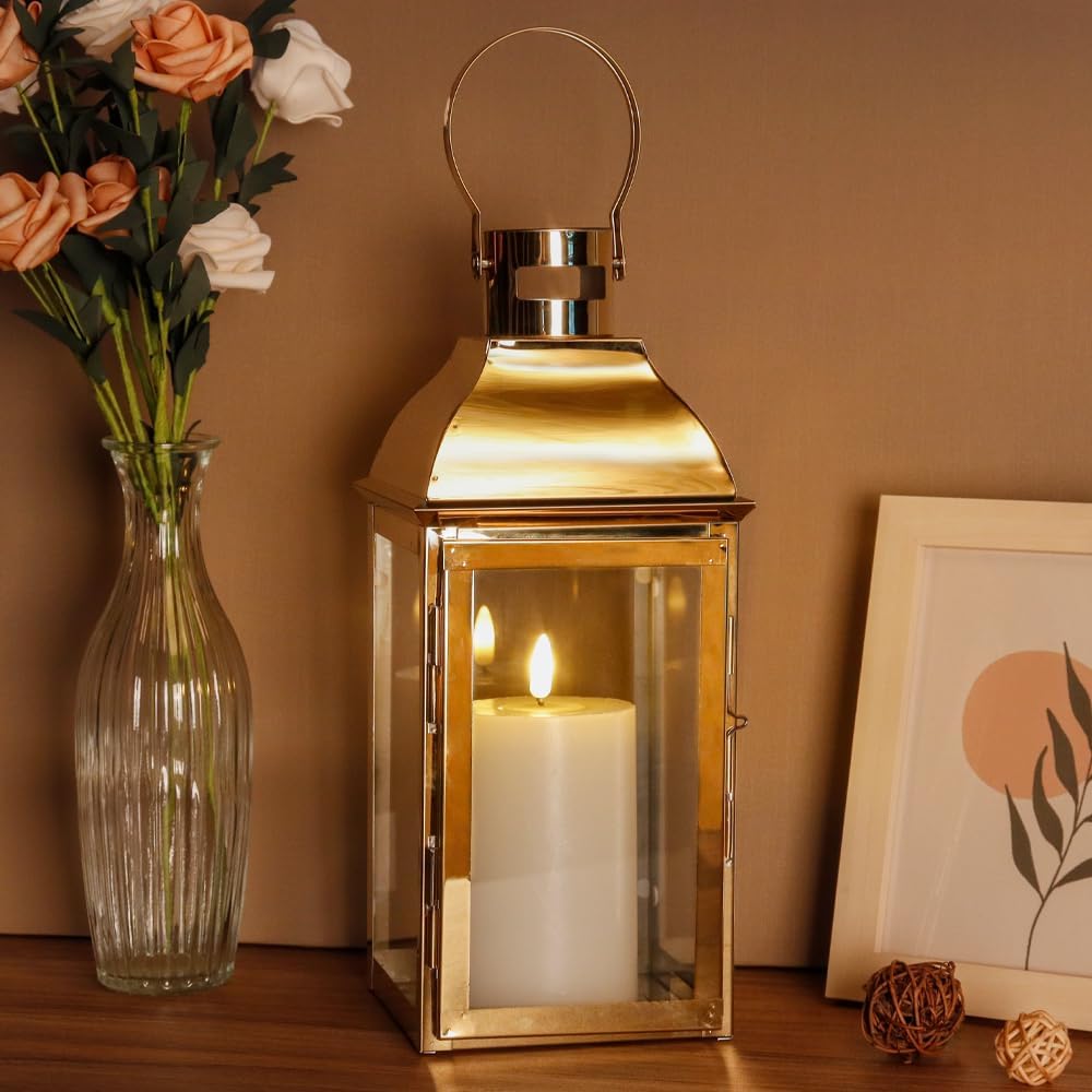 JHY DESIGN Faroles decorativos de acero inoxidable de 15 pulgadas de alto con vidrio templado, elegancia vintage para eventos interiores y