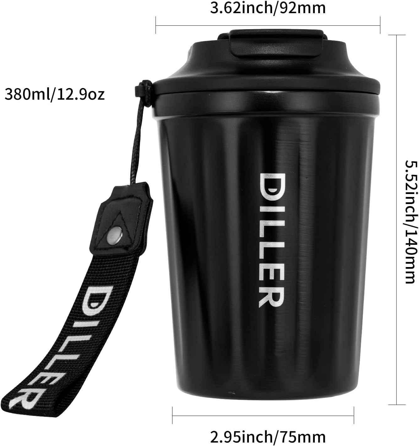 Diller Botella de agua aislada, taza de café aislada al vacío de 12 onzas con tapa, botella de agua térmica portátil de acero inoxidable para