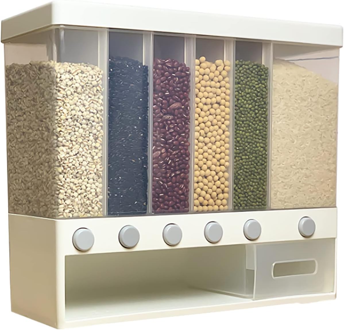 Eapmic Dispensador de arroz con taza, dispensador de alimentos secos de 5 rejillas montado en la pared, contenedor de almacenamiento de cereales