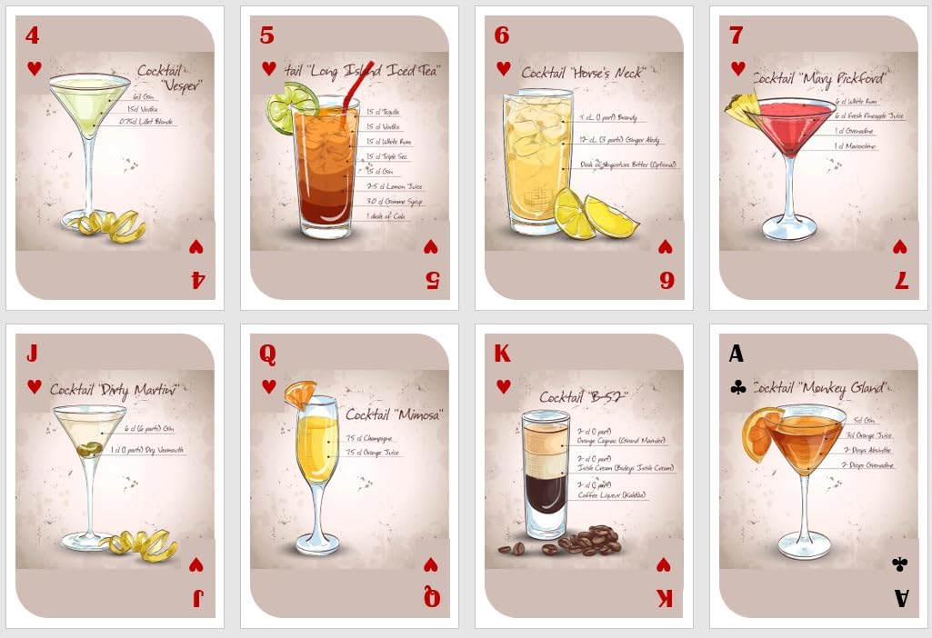 Naipes para beber. Naipes con recetas de cócteles. Naipes de fiesta. Naipes estándar. Cartas de póquer. Cartas de puente.