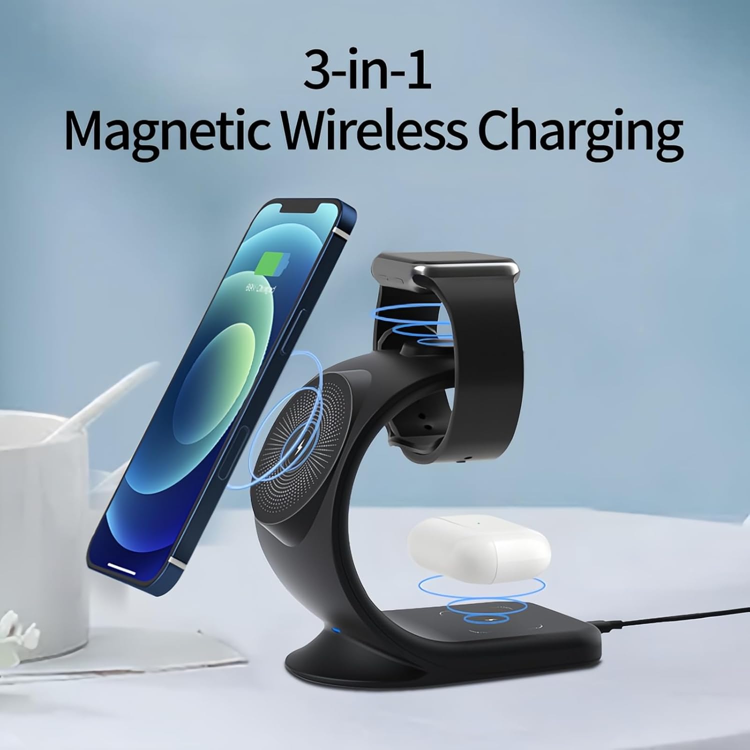 MMOBIEL Estación de carga inalámbrica compatible con iPhone, Apple Watch y AirPods – Soporte de cargador inalámbrico 3 en 1 de 18 W – Base de carga