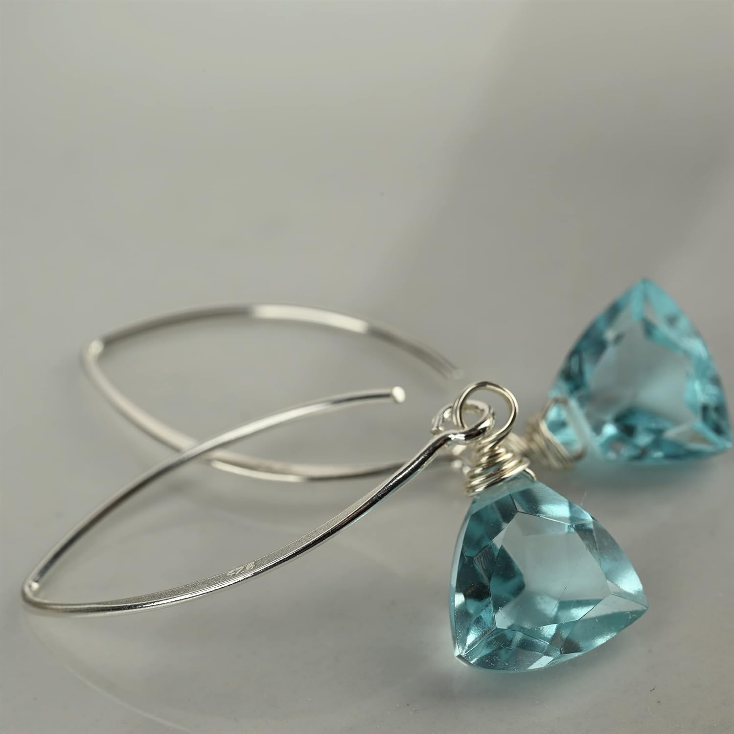 Handmade Dangle Earrings for Women – Aquamarine Blue Quartz Sterling Silver Earrings in Gift Box – Sparkly Blue Quartz Trillion – Lightweight