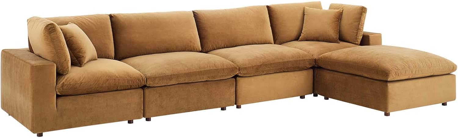 Modway Commix Sofá seccional de 5 piezas de terciopelo de alto rendimiento relleno de plumón en coñac