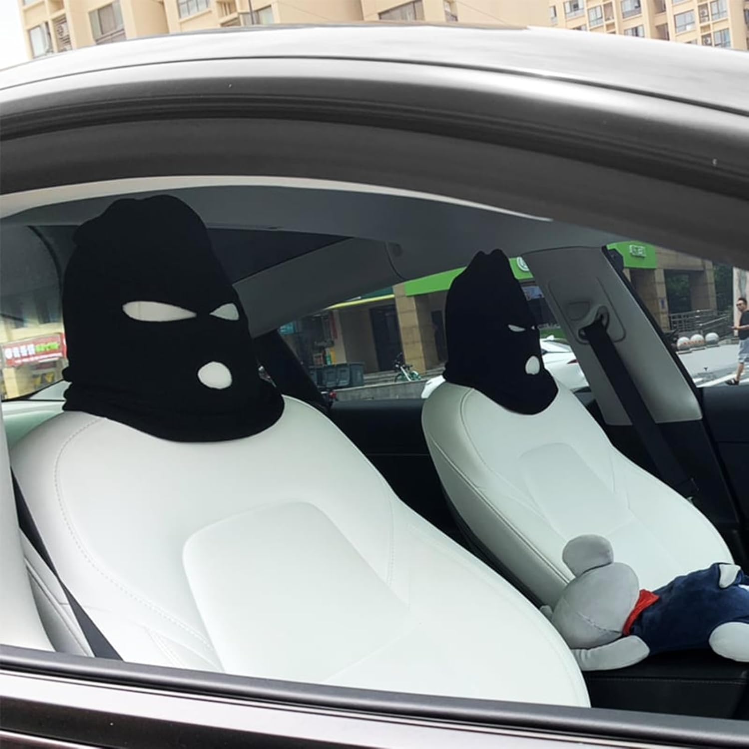 Divertida funda para asiento de automóvil, divertida máscara de asiento, accesorios de tela negra para reposacabezas de automóvil, ajuste universal