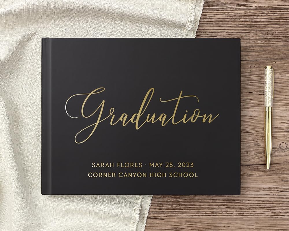High School Gift for Graduating Class, Graduation Day Party Ceremony Well Wishes Signature Photo Book – Black Gold (12×12)