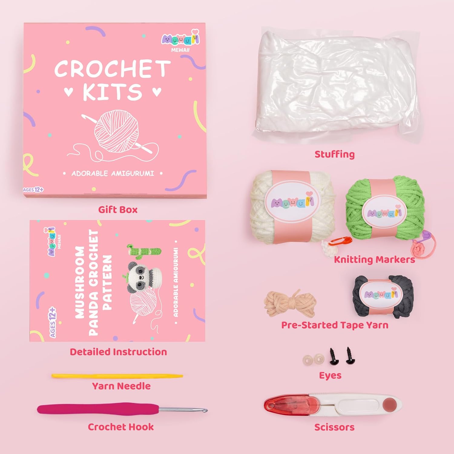 Mewaii Kit de ganchillo para principiantes, kit completo de bricolaje con más de 40% de hilo de cinta preiniciado tutoriales en video paso a paso
