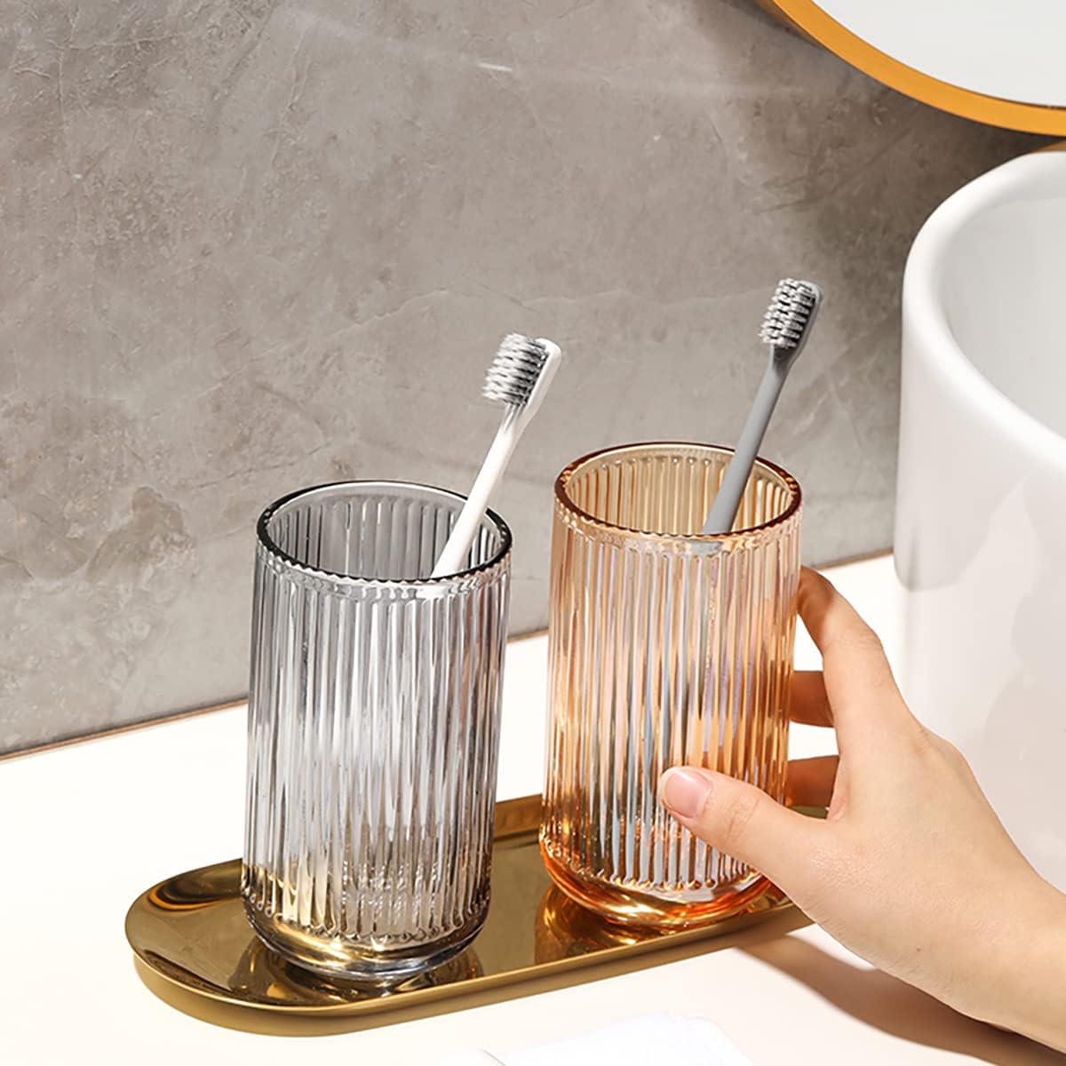 2 vasos de vidrio, soporte para cepillos de dientes, tazas de baño, 13 onzas