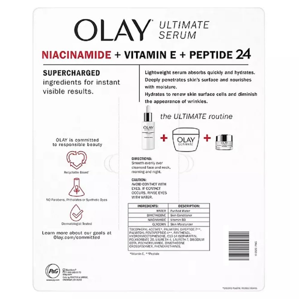 Olay Ultimate Niacinamide + Vitamin E + Peptide 24 Suero hidratante sin fragancia, 1.3 onzas líquidas (paquete de 2)