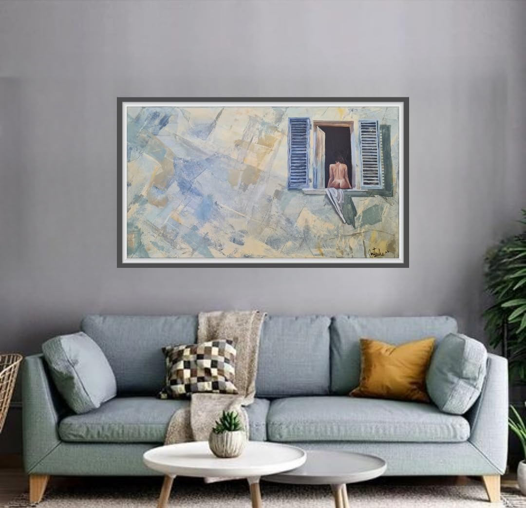 ” Mujer en la ventana” Grabado digital intetervenido Pintura hecha a mano, acrílico sobre lienzo, arte de pared abstracto,pieza única firmada por la