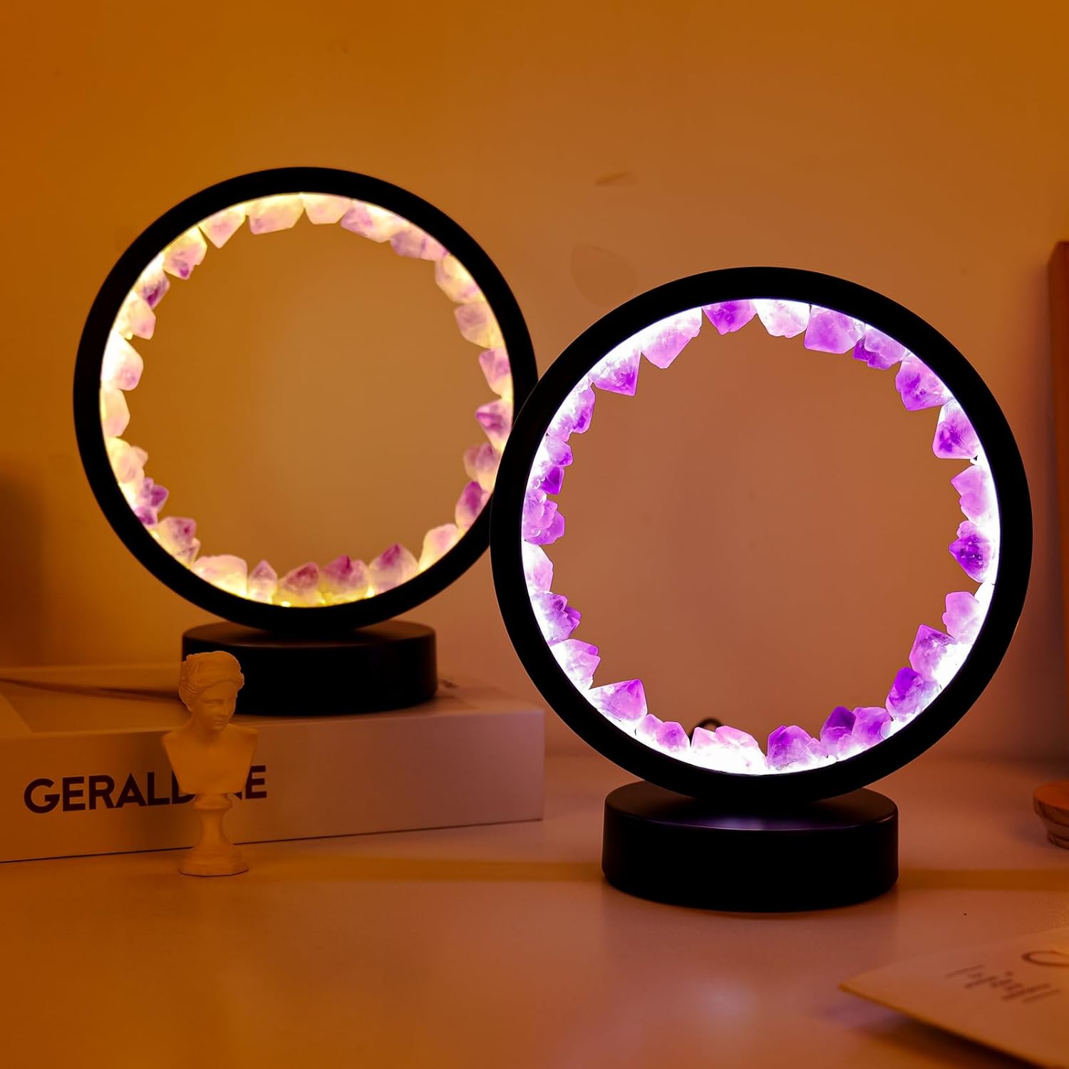 Runyansghi – Lámpara de noche de amatista de 8.6 pulgadas, cristal curativo natural, puerto USB, 3 colores, modo de atenuación, lámpara de noche