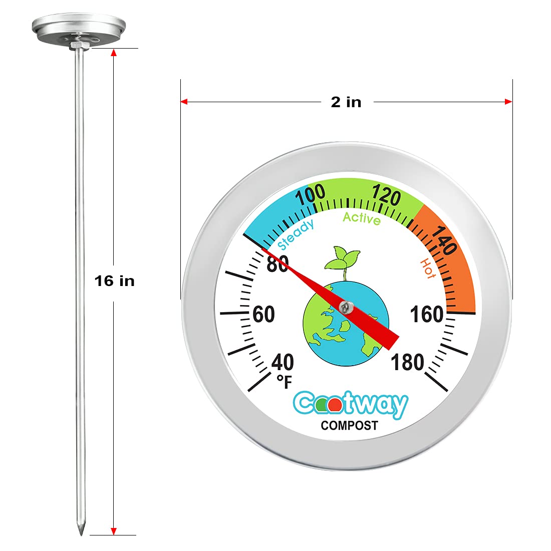 Rukars Termómetro de compost, termómetro de compost de 16 pulgadas, termómetro de temperatura del suelo impermeable para compost, acero inoxidable,