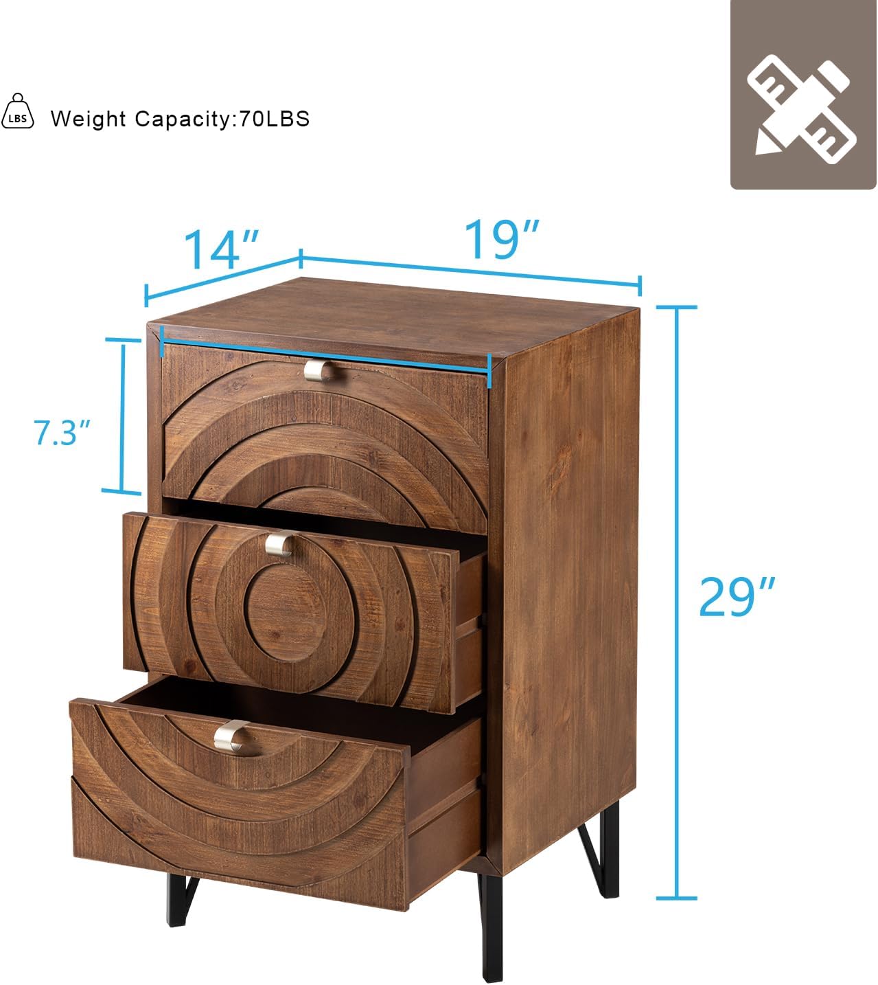 HOMPUS Mesa auxiliar de 3 cajones con acabado de grano de madera, para sala de estar y dormitorio