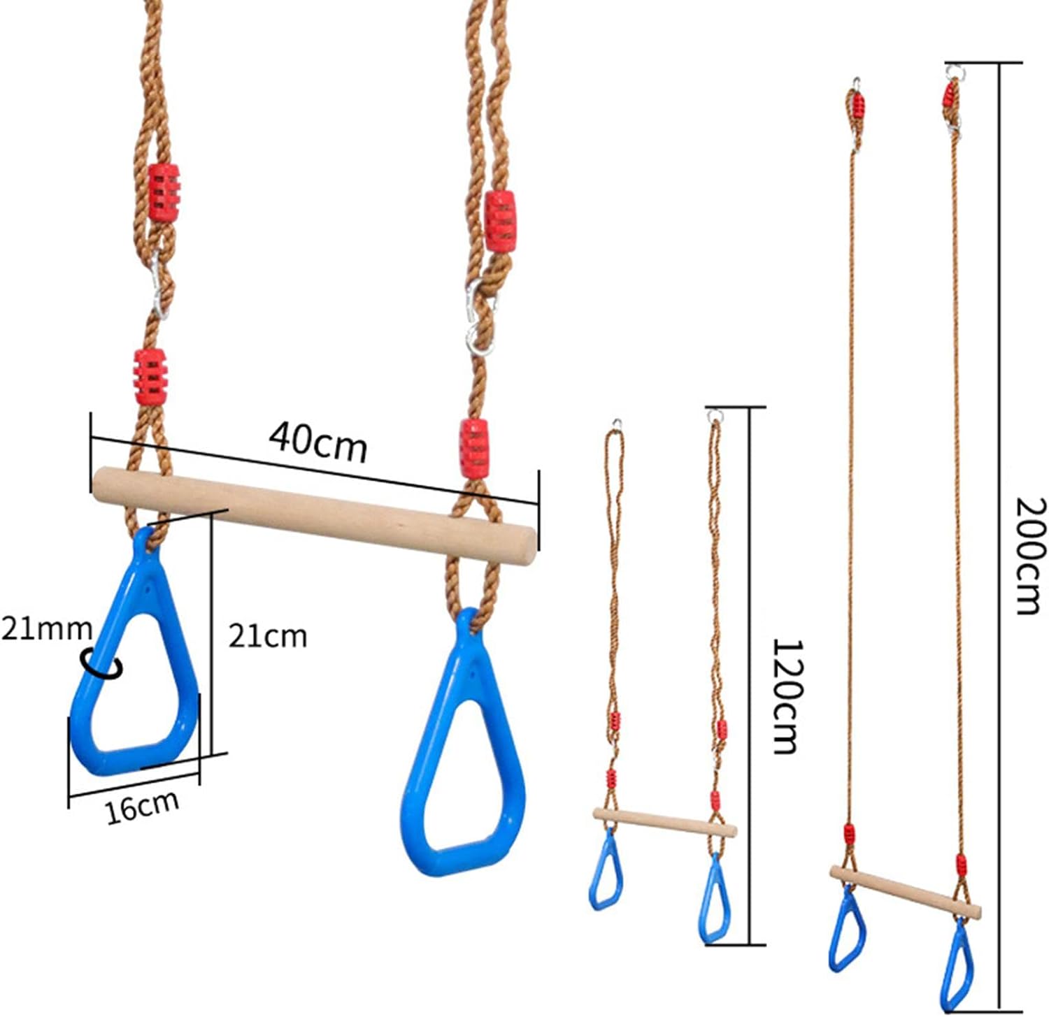 Vaveren Barra de columpio de trapecio para niños con anillos, aro colgante de madera, barras de mono con correas ajustables, barra de columpio de