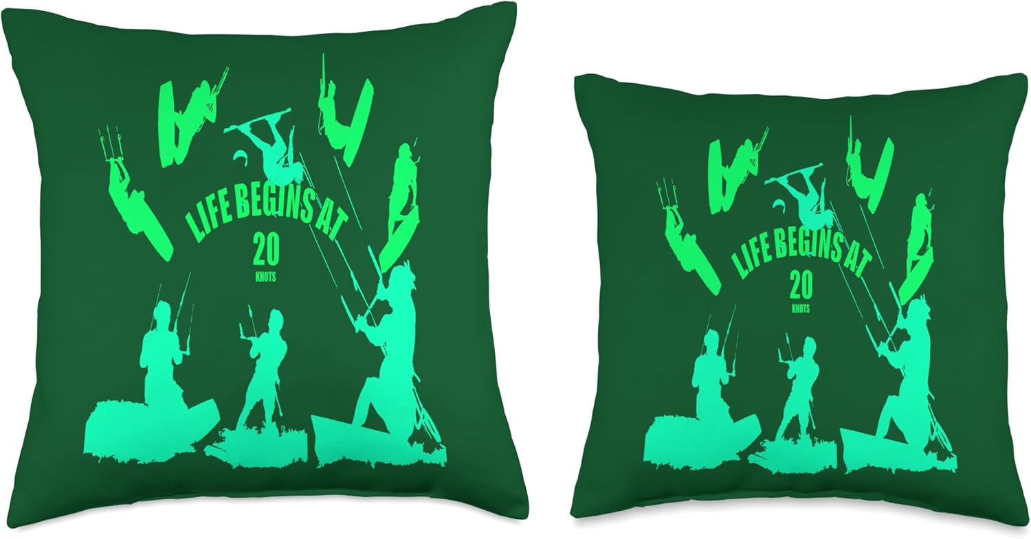 Kiting Life Begins at Twenty Knots Kitesurfer Fun Quote 9 Throw Pillow, 18×18, Multicolor
