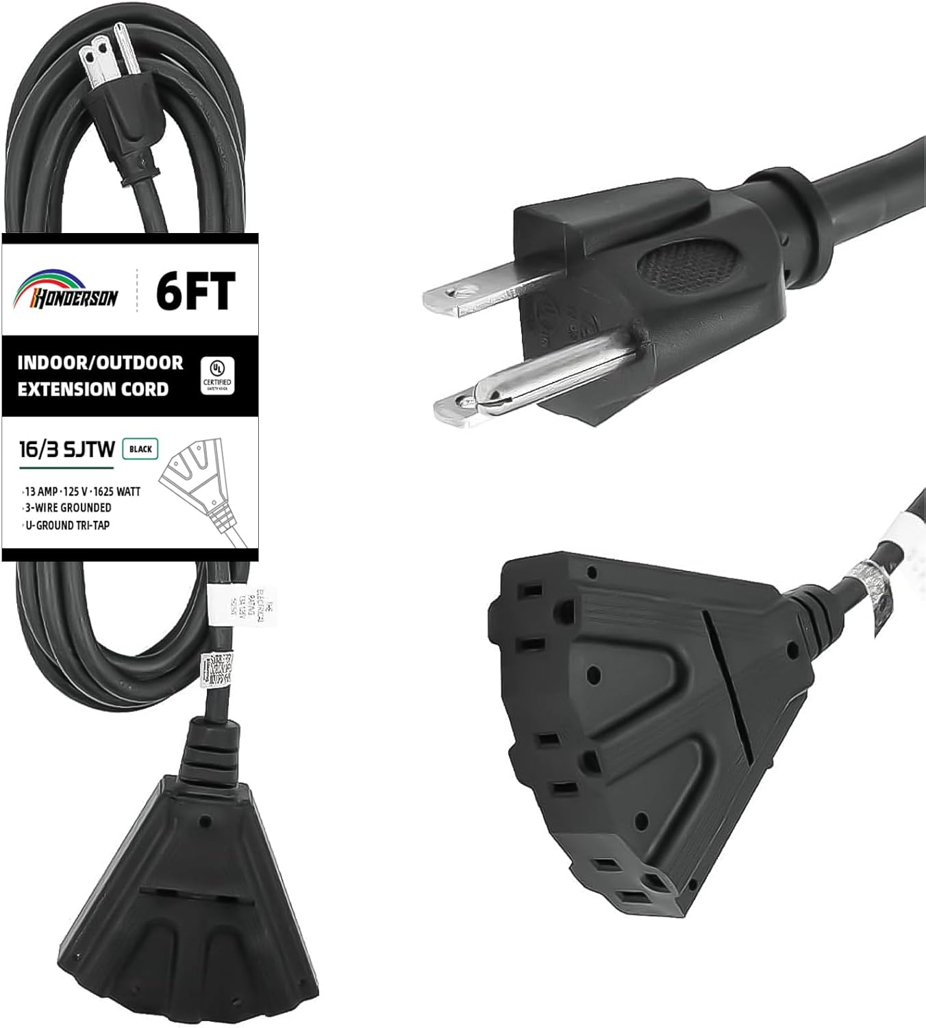 Cable de extensión para exteriores de 6 pies con 3 tomas de corriente eléctrica, cable negro duradero SJTW de 163 con enchufe a tierra de 3 clavijas