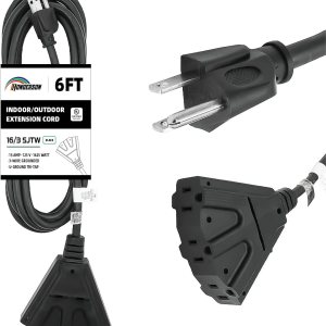 Cable de extensión para exteriores de 6 pies con 3 tomas de corriente eléctrica, cable negro duradero SJTW de 163 con enchufe a tierra de 3 clavijas Cable de extensión para exteriores de 6 pies con 3 tomas de corriente eléctrica, cable negro duradero SJTW de 163 con enchufe a tierra de 3 clavijas