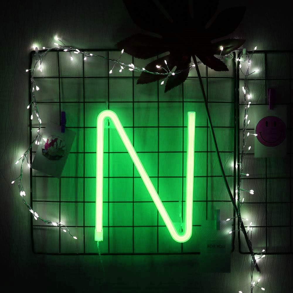 Letrero de neón, letras de neón, letras del alfabeto de neón iluminadas, letras con luces LED, letras de marquesina iluminadas, batería, USB, verde